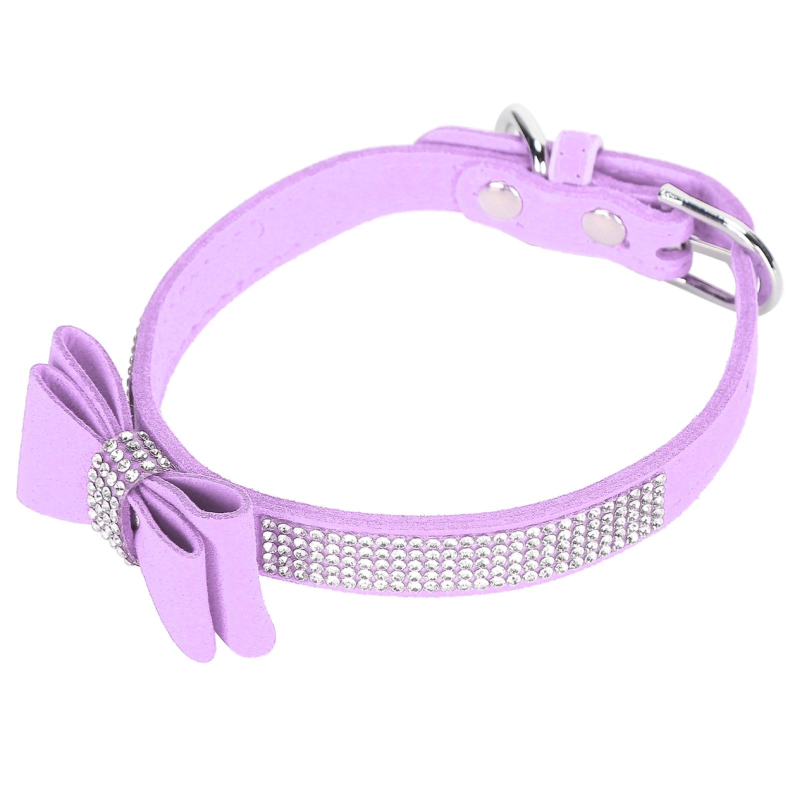 Suede Microfiber Double Bowknot Crystal Sparkle Rhinestone Cat Collar Pet Supplypurple M 42x2.0cm