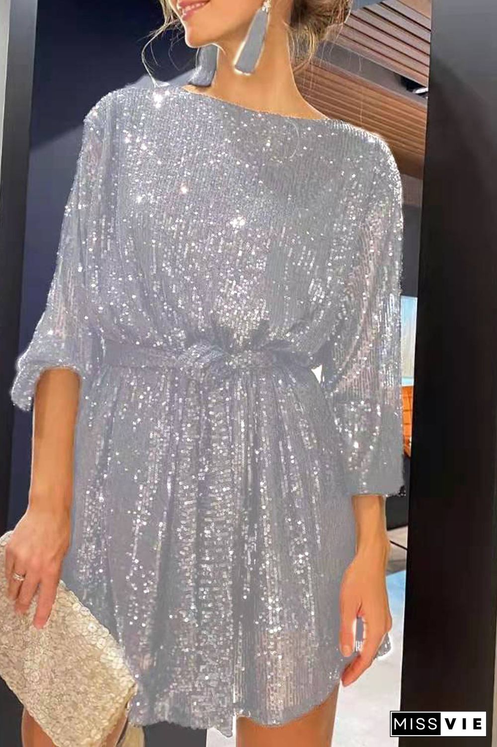 Sexy Solid Sequins Off The Shoulder Waist Skirt Dresses