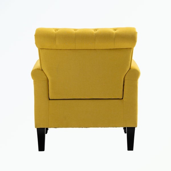 Linen Armchair with Tufted Back and Wood Legs