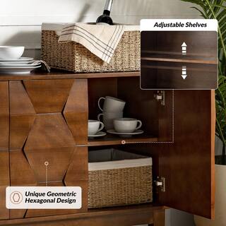 JAYDEN CREATION Kamis Modern Walnut 60 in. Hexagonal Embellishments Sideboard with Solid Wood Legs SBHM0574-WALNUT