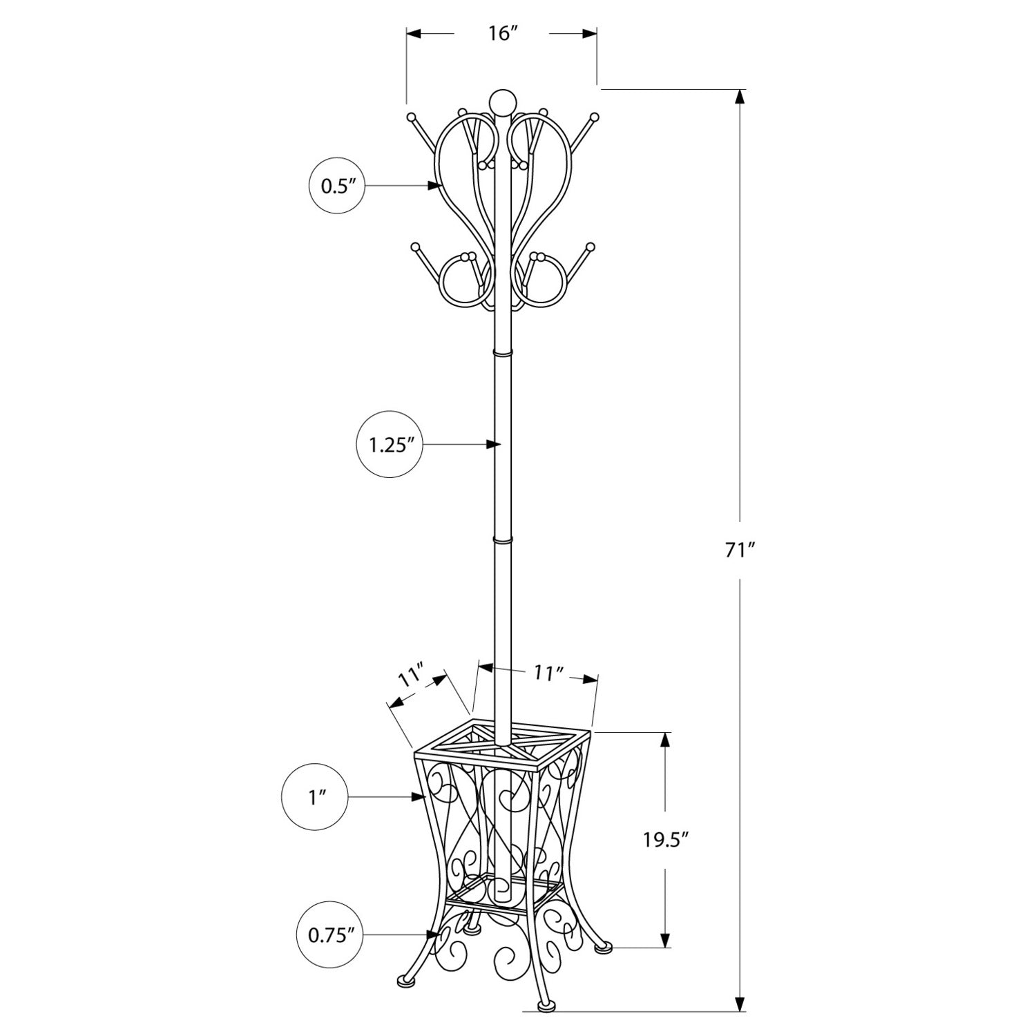 Coat Rack， Hall Tree， Free Standing， 8 Hooks， Entryway， 71