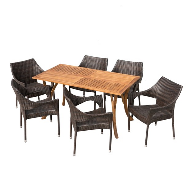 Nora 7pc Acacia amp Wicker Dining Set Teak brown Christopher Knight Home