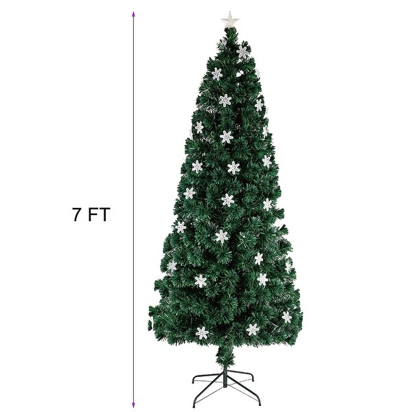 7 ft PreLit Christmas Artificial Tree，with LED Lights，Snowflakes and Top Star，Festive Party Fake Xmas Tree with Metal Legs