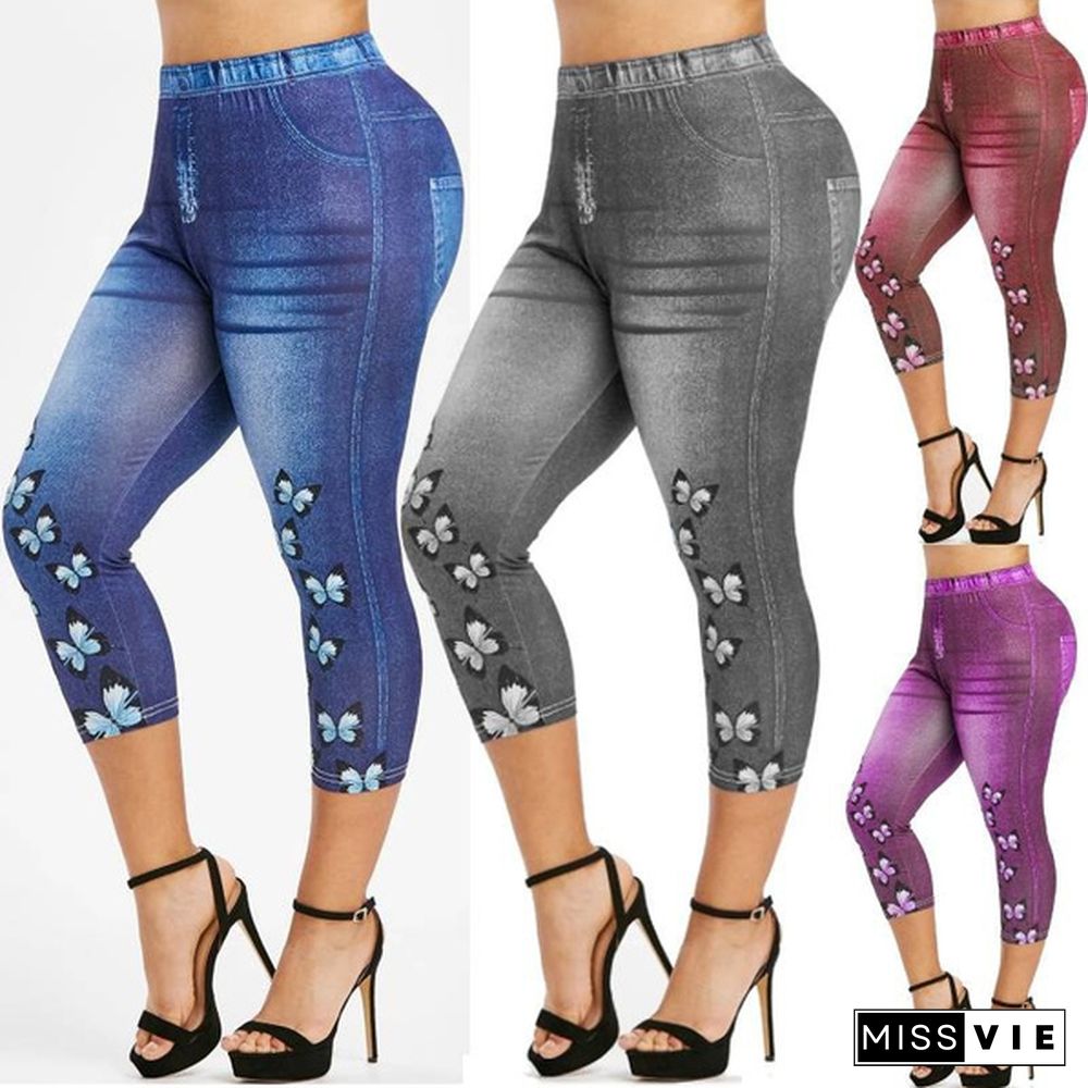 New Summer Women Fashion Butterfly Printed Jeggings for Lady High Waist Plus Size Capri Pants Faux Denim Leggings Shorts Pantacourt Femme