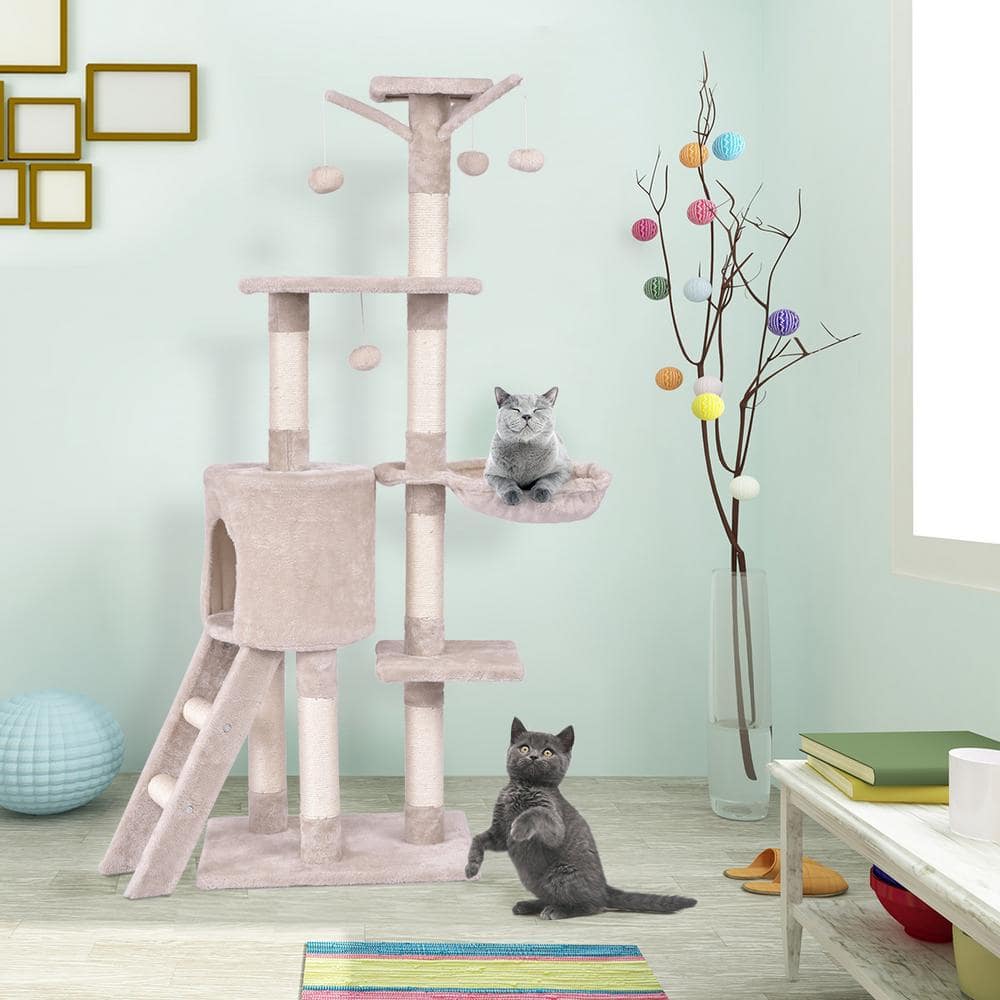 WELLFOR Beige Cat Trees and Scratch Posts Furniture Cover Kitten Climbing Tower Cat Condo with Sisal-Covered Posts and Ladder PS-HWY-7389BE