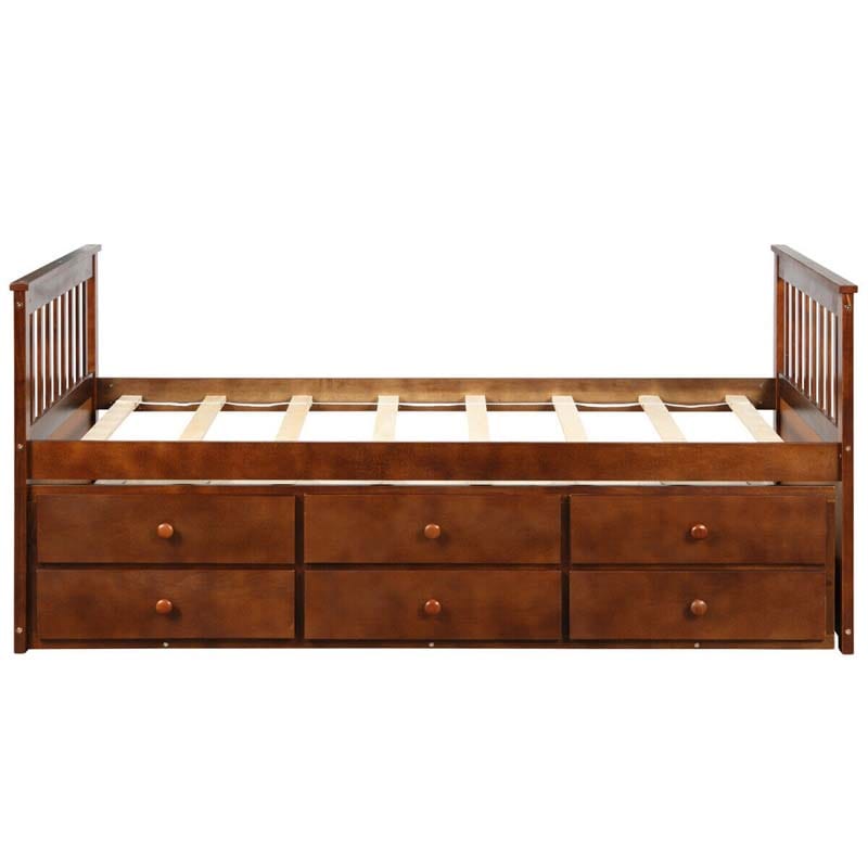 Twin Captain's Bed with Trundle Bed, Storage Daybed with 3 Drawers, Wooden Platform Bed for Kids Guests Sleepovers