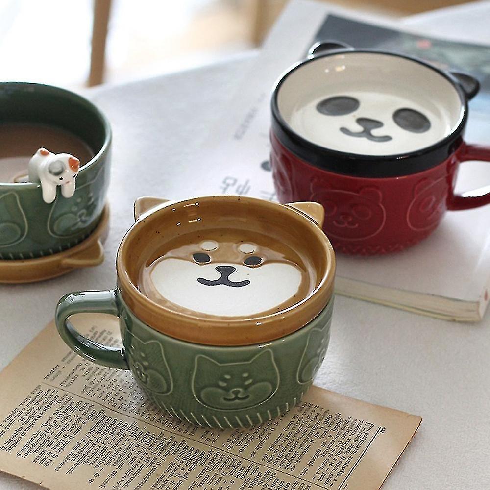 Japanese Cute Mug Creative Ceramic Shiba Inu Panda Coffee Cup With Lid Home Couple Milk Breakfast C