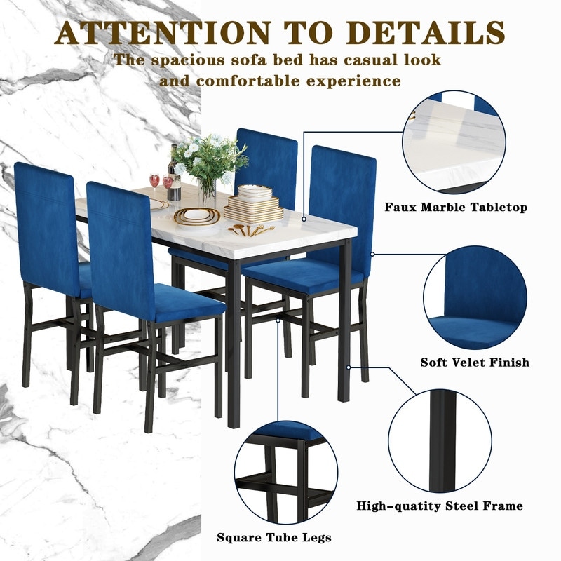 Grondin Modern Style Faux Marble Top 5 Piece Casual Dining Set with 4 Velvet Upholstered Dining Chairs