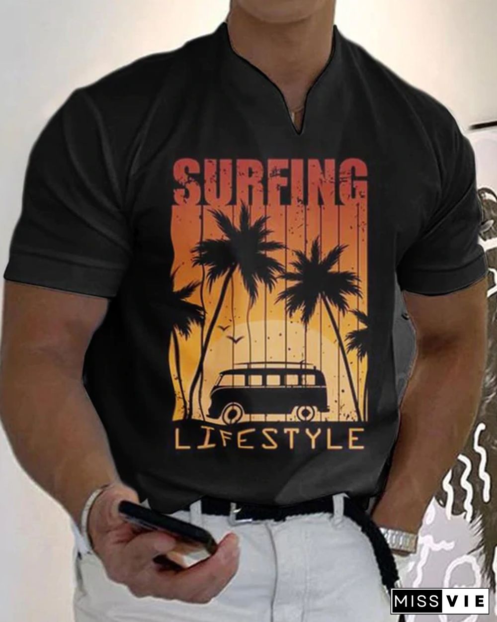 Men's Casual V-Neck Printed T-Shirt