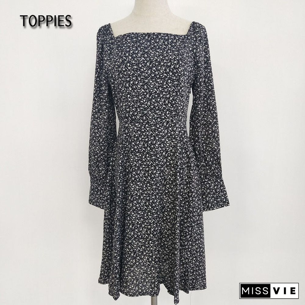 Toppies New Women Mini Dresses Vestidos Flowers Print French Style Dress Puff Long Sleeve Ladies Sundress