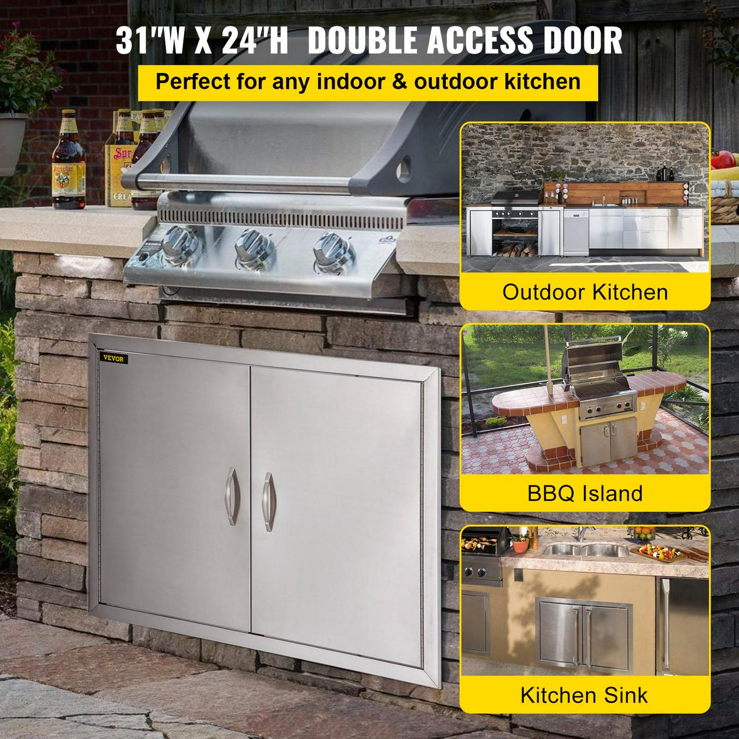 VEVORbrand BBQ Double Access Door 31W x 24H inch， BBQ Door Stainless Steel Wall Construction Vertical， Outdoor Kitchen Door for BBQ Island， Grilling Station， Outside Cabinet