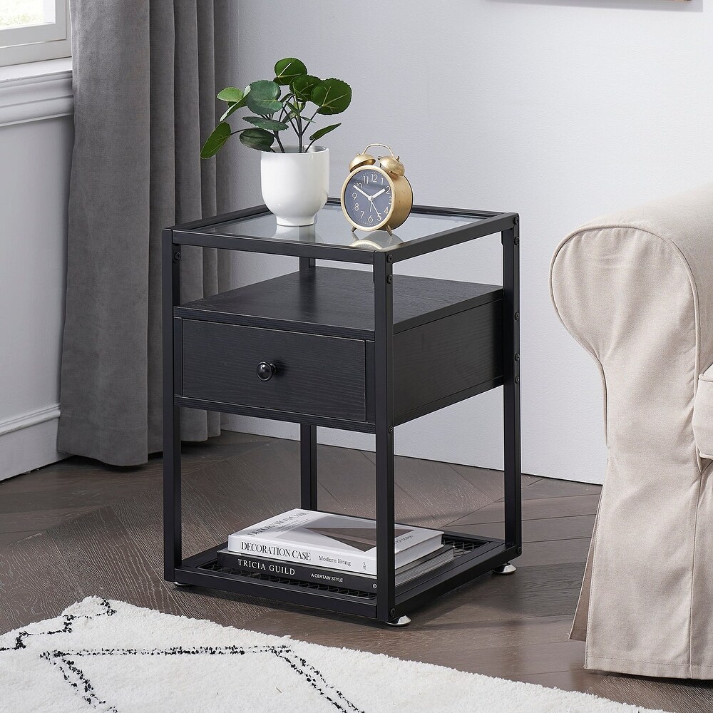 VECELO Modern 1  Drawer Nightstands with Tempered Glass Top