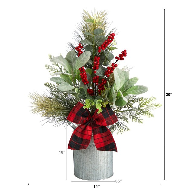 Nearly Natural 20-in Holiday Winter Greenery， Pinecone And Berries With Buffalo Plaid Bow Artificial Christmas Table Arrangement