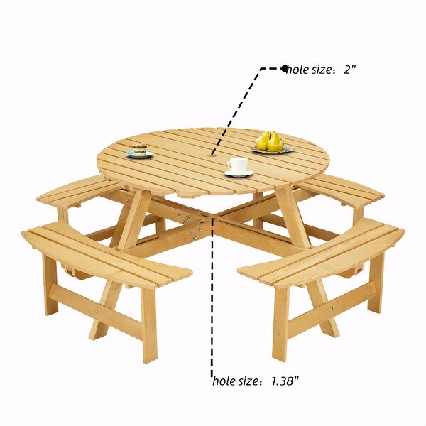 Outdoor 8 Person Round Picnic Table with Bench，Umbrella Hole for Garden，Backyard，Porch，Patio