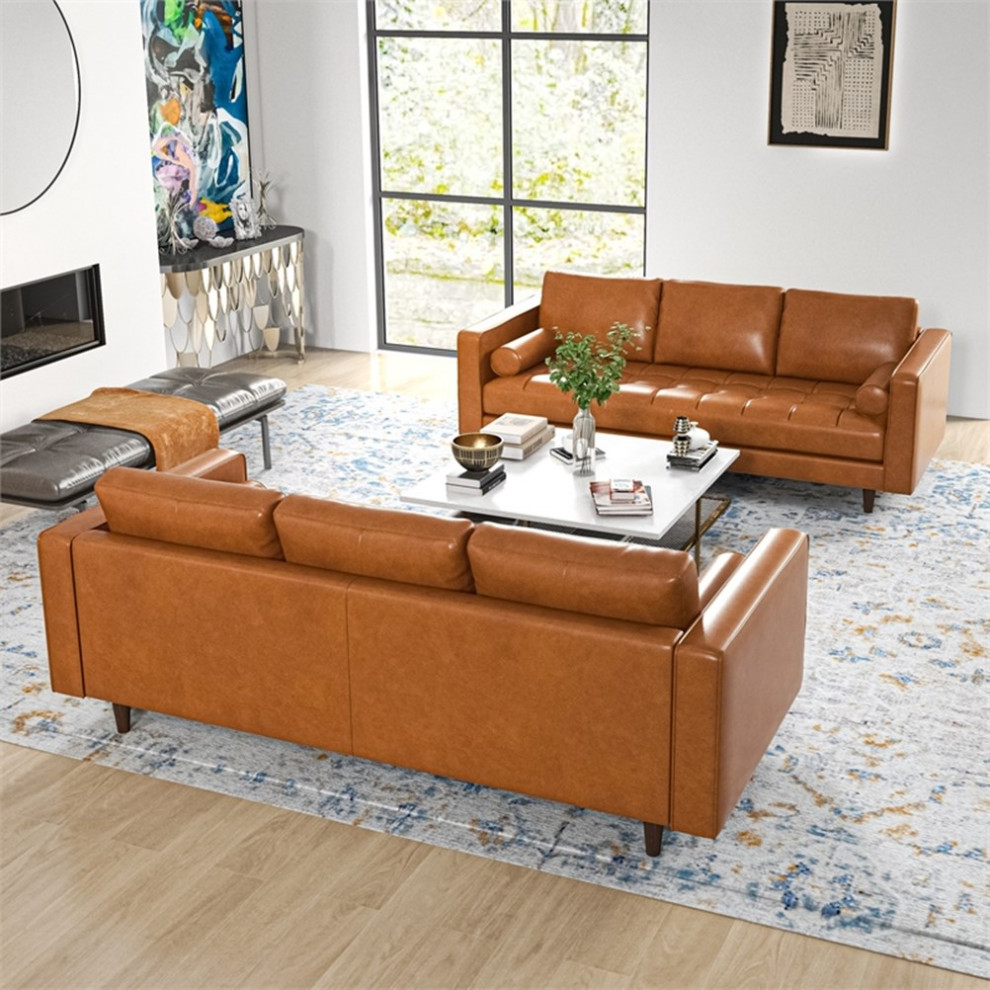 Base Mid Century Modern Living Room Sofa in Tan Leather (Set of 2)   Midcentury   Living Room Furniture Sets   by Homesquare  Houzz