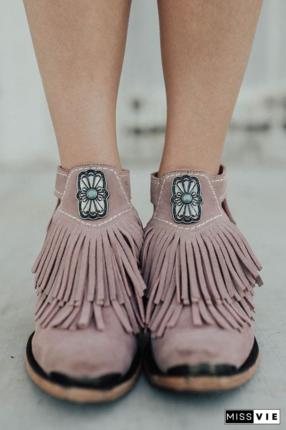 Hollow Tassels Chunky Heels Ankle Boots