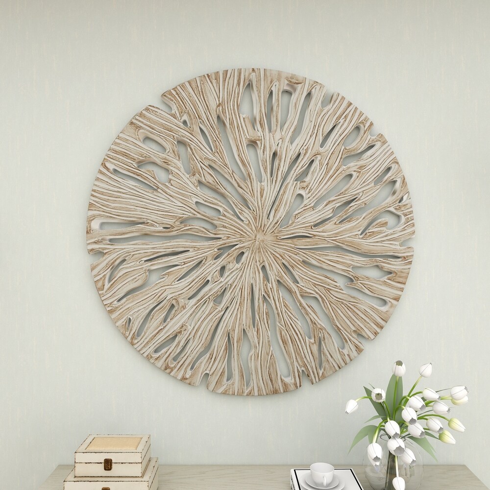 Beige Wooden Handmade Intricately Carved Starburst Wall Decor