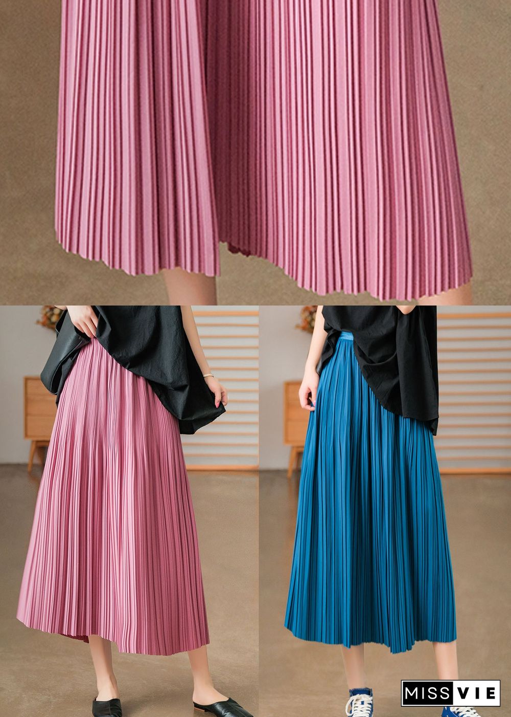 Bohemian Pink Elastic Waist Cotton Pleated Skirts