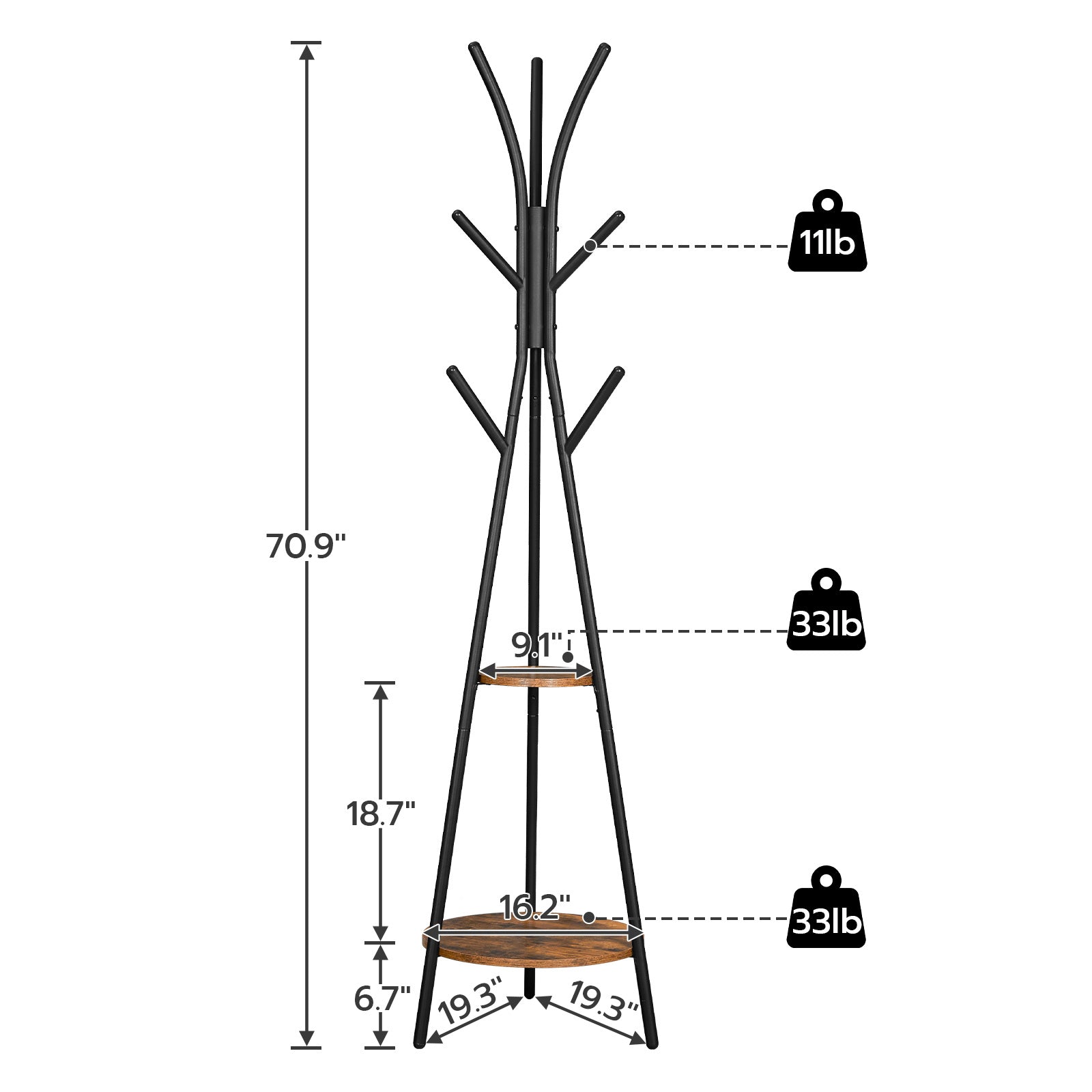 HOOBRO Freestanding Coat Rack Hall Tree with 2 Storage Shelves and 9 Hooks Rustic Brown and Black BF51YM01