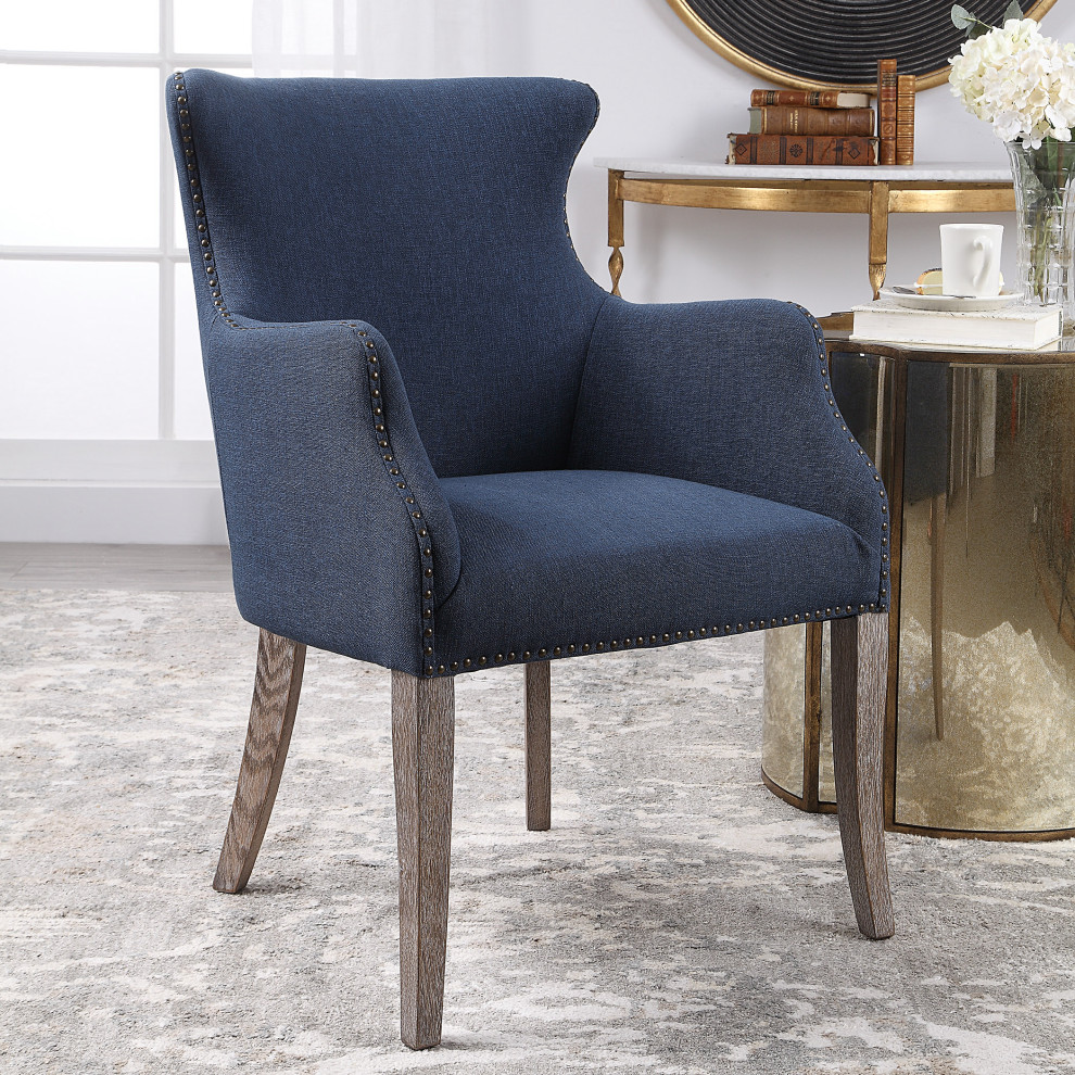 Luxe Dark Blue Denim Fabric Accent Chair Wing Arm Nailhead Trim Casual Bronze   Transitional   Armchairs And Accent Chairs   by My Swanky Home  Houzz