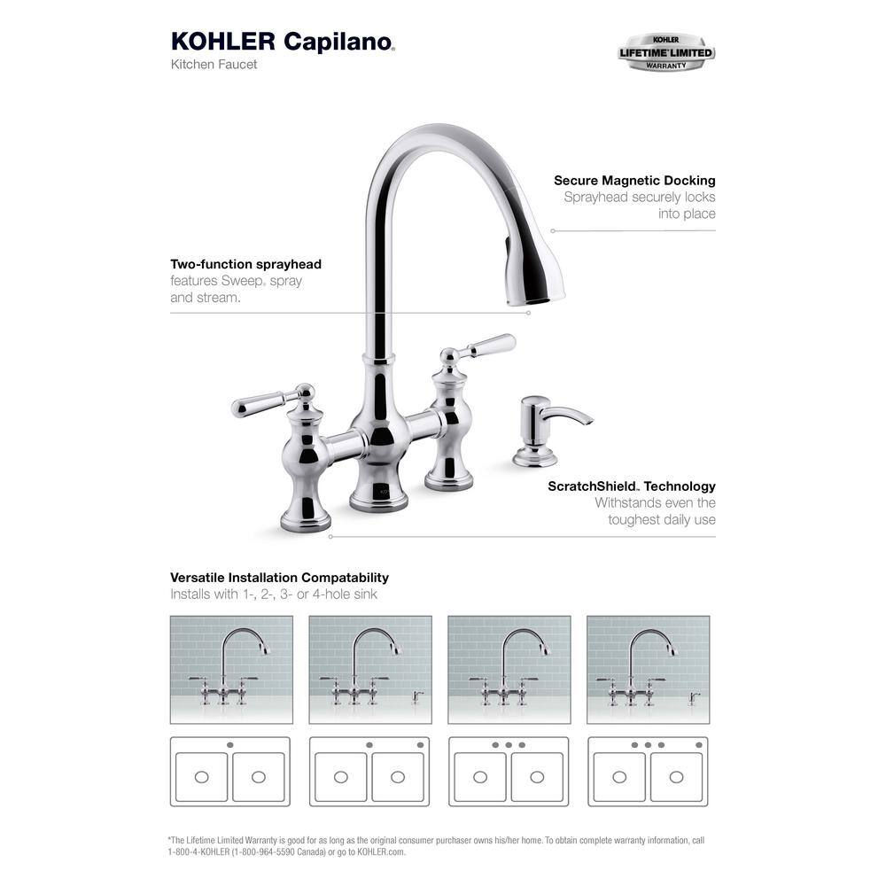 KOHLER Capilano 2-Handle Bridge Farmhouse Pull-Down Kitchen Faucet with Soap Dispenser and Sweep Spray in Polished Chrome K-R21070-SD-CP