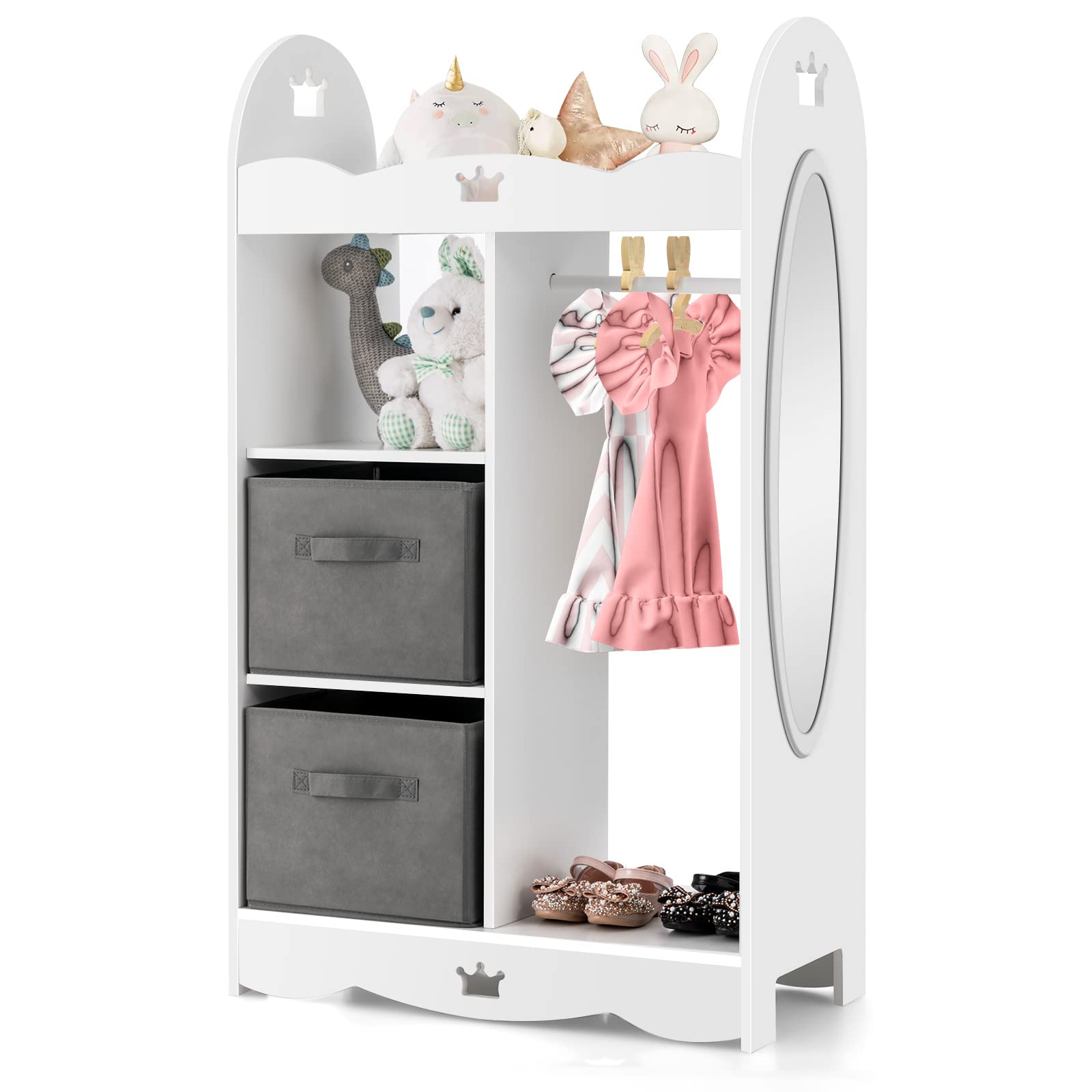 Costzon Kids Dress up Storage W/Mirror, 2 Storage Bins & Cloth Hanger, Costume Closet Wardrobe