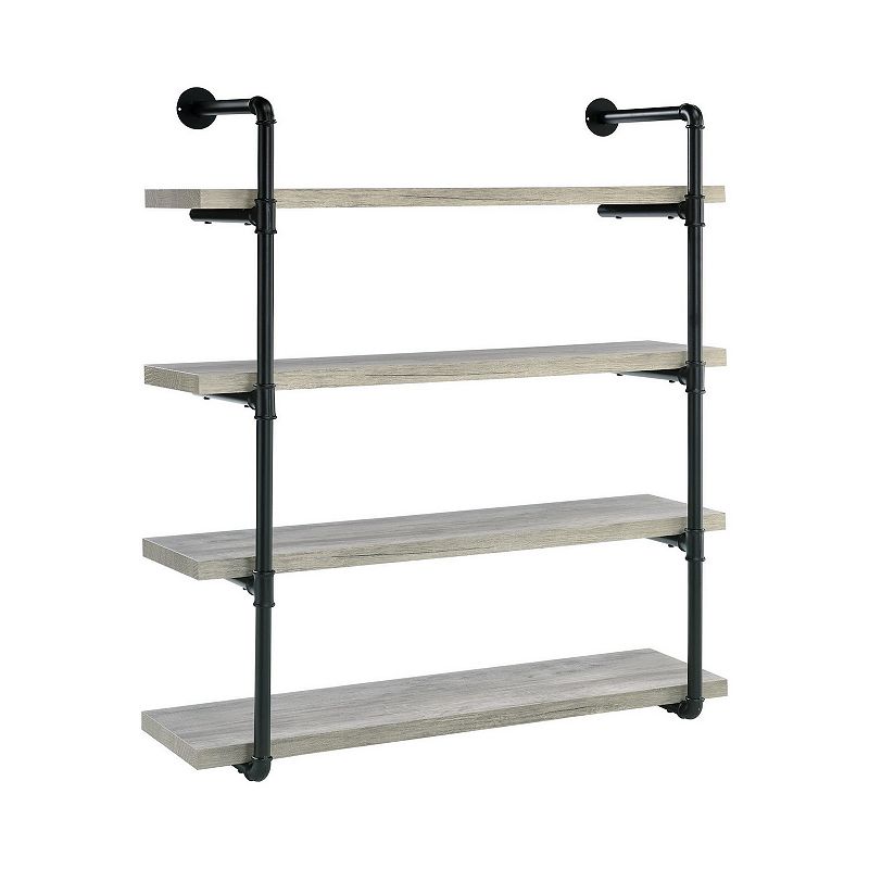 46 Inch 4 Tier Metal and Wooden Wall Shelf， Black and Gray