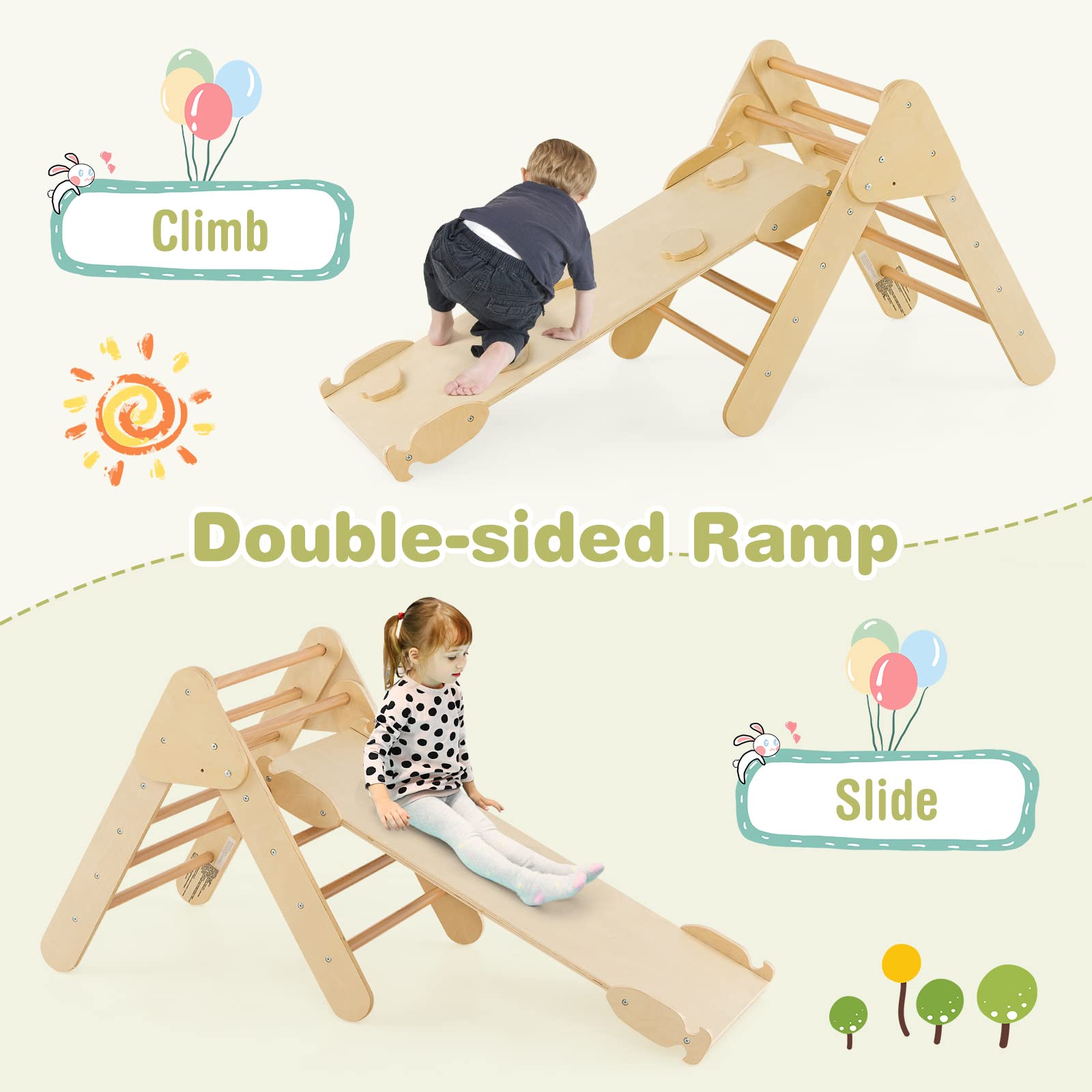 Costzon Climbing Toys for Toddlers, Montessori Wooden Arch Climber Ladder with Sliding Ramp