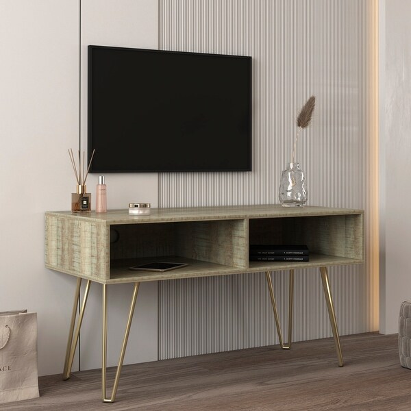 42 inch Modern Simple Small TV Stand with 2 CabinetandGolden Metal Legs