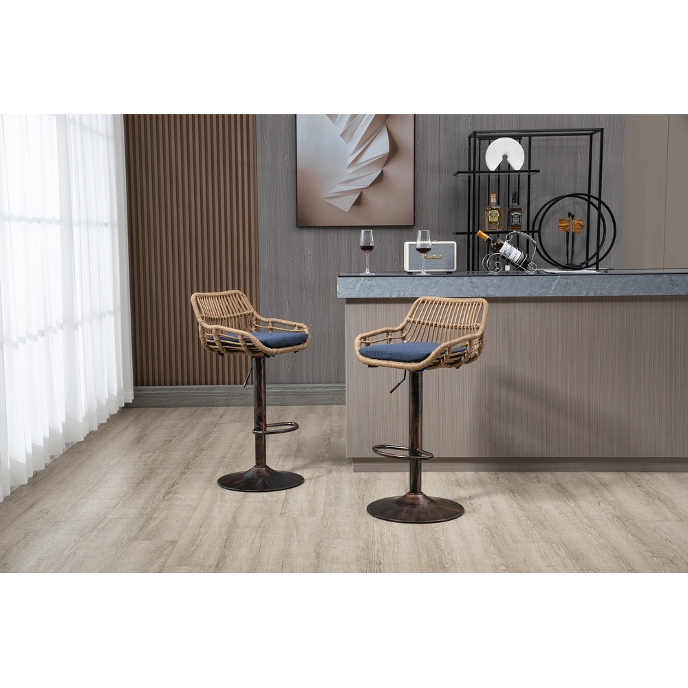 2pcs Swivel Bar Stools Adjustable Counter Height Chairs with Rattan Back and Footrest for Kitchen Island Dining Chair  Blue