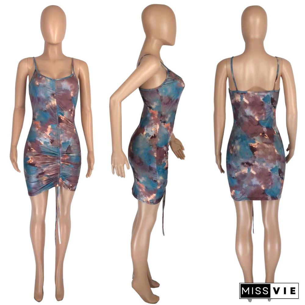 Tie Dye Print Sleeveless Drawstring Ruched Bodycon Midi Dress