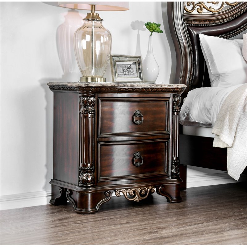 Jordan Transitional Wood and Marble Top Nightstand in Brown Cherry Set of 2