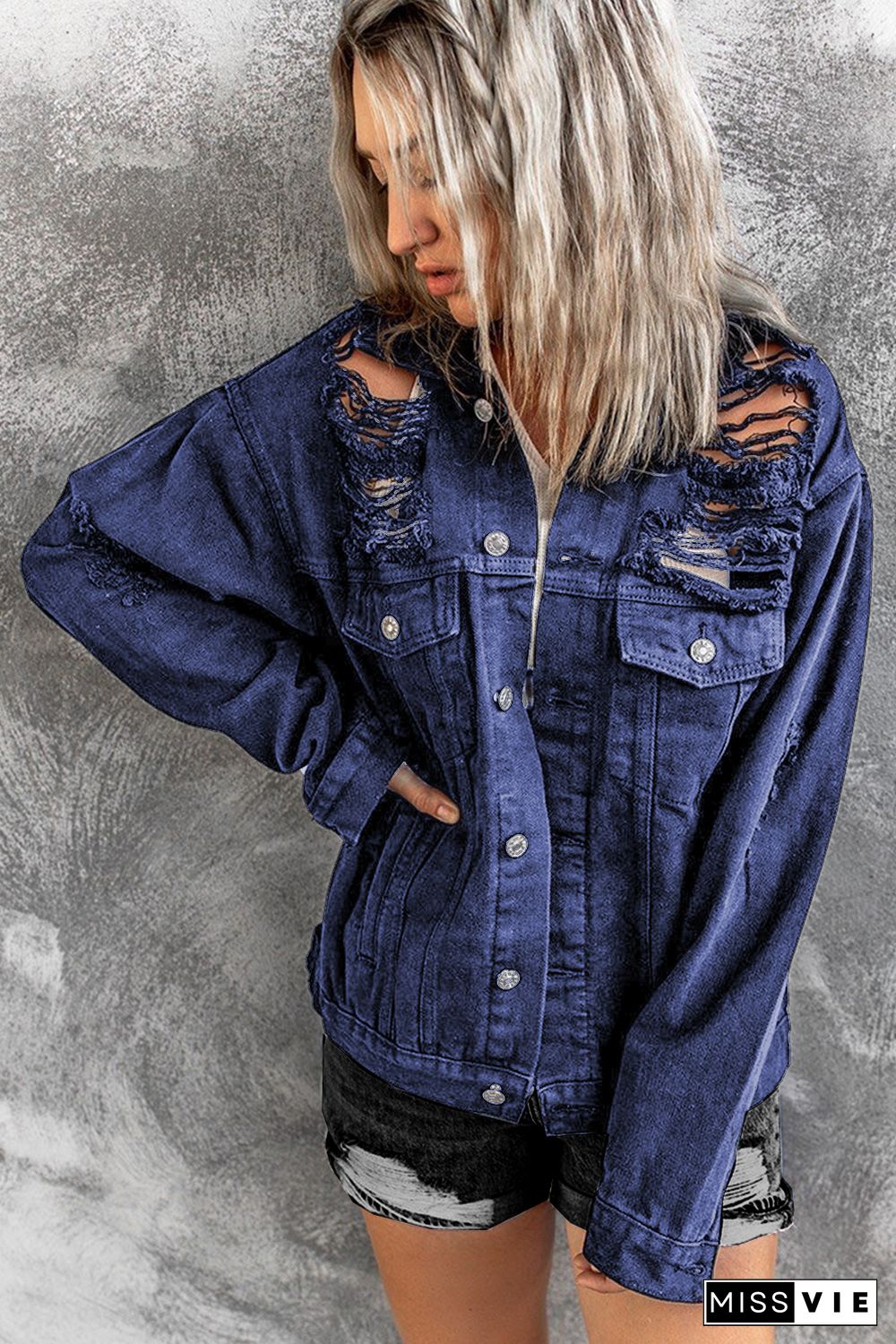 Blue Distressed Buttons Chest Pockets Denim Jacket