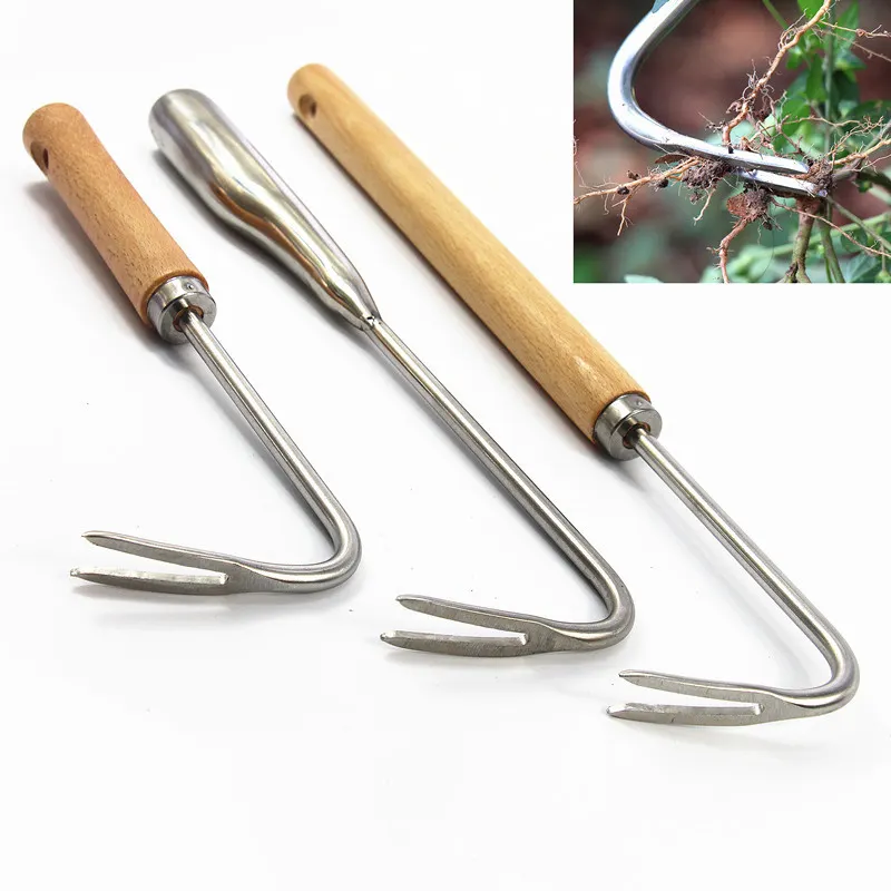 Long Wood Handle Stainless Steel Garden Weeder Hand Weeding Removal Cutter Tools Multifunction Weeder Transplant