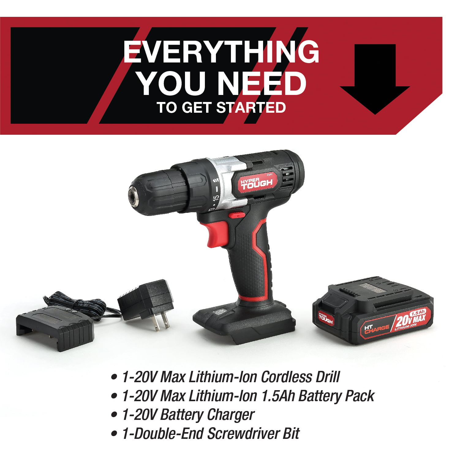 Hyper Tough 20V Max Lithium-Ion Cordless Drill， Variable Speed with 1.5Ah Lithium-ion Battery and Charger