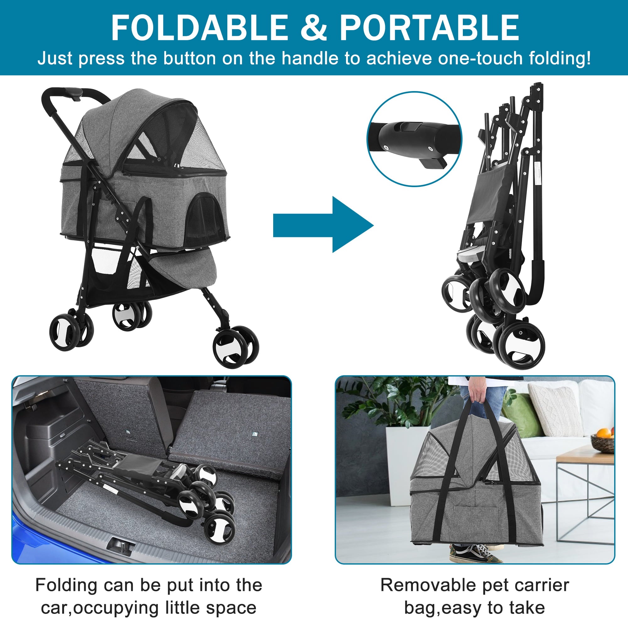 YRLLENSDAN Foldable Pet Stroller with Detachable Carrier， Dog Stroller Small Dogs 3 Wheel 3-in-1 Multifunction Pet Carriers for Small Medium Dogs with Wheels Cat Stroller w/Storage Basket