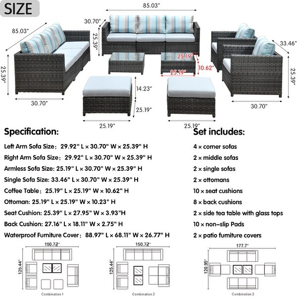 OVIOS Sunbrella Fabric Patio 9and12 Pieces Outdoor Sectional Set