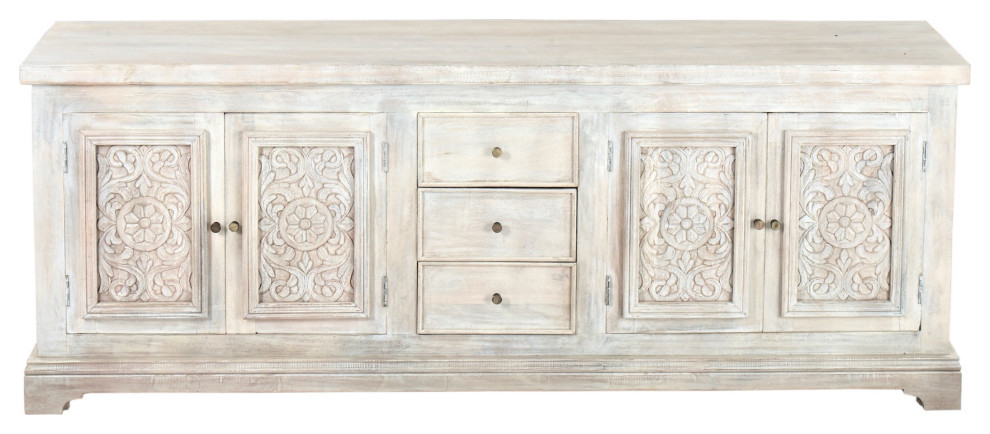 42 quotDistressed Antique White Farmhouse Hand Carved Accent Cabinet   French Country   Accent Chests And Cabinets   by Sideboards and Things  Houzz