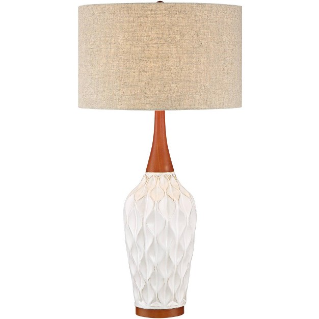 Tall White Geometric Ceramic Wood Tan Fabric Drum Shade For Bedroom Living Room Bedside Office