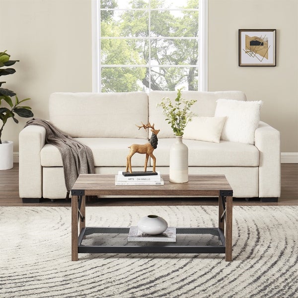 2-Tier Coffee Table Table with Mesh Shelf and Steel Frame