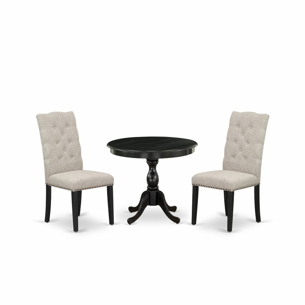 East West Furniture 3 Piece Kitchen Table Set  A Round Dining Room Table and 2 Linen Fabric Chairs (Finish Options)