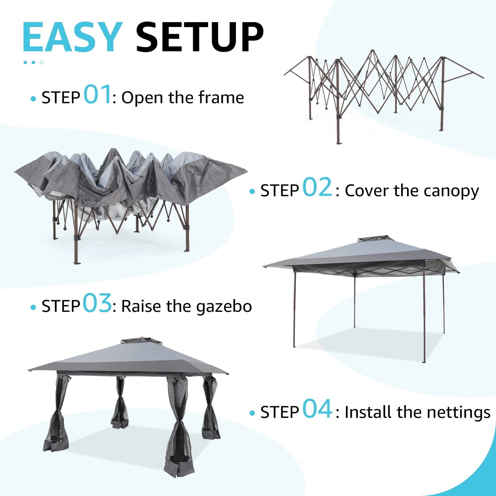 COBANA 13'x13' Outdoor Pop Up Gazebo, Canopy Gazebo Tent Shelter with Mosquito Netting and Shade Canopy for Patio, Garden, Lawn and Backyard, Gray