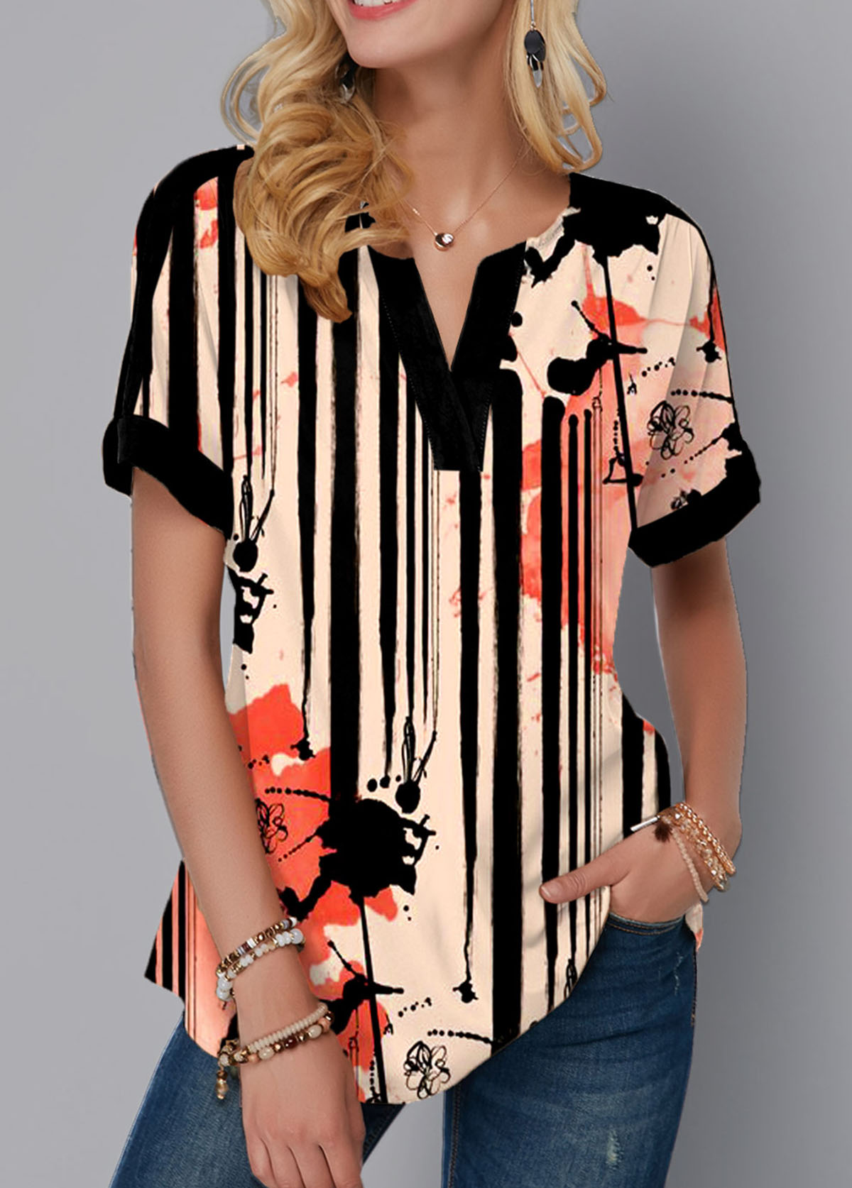 Striped Split Neck Short Sleeve Blouse