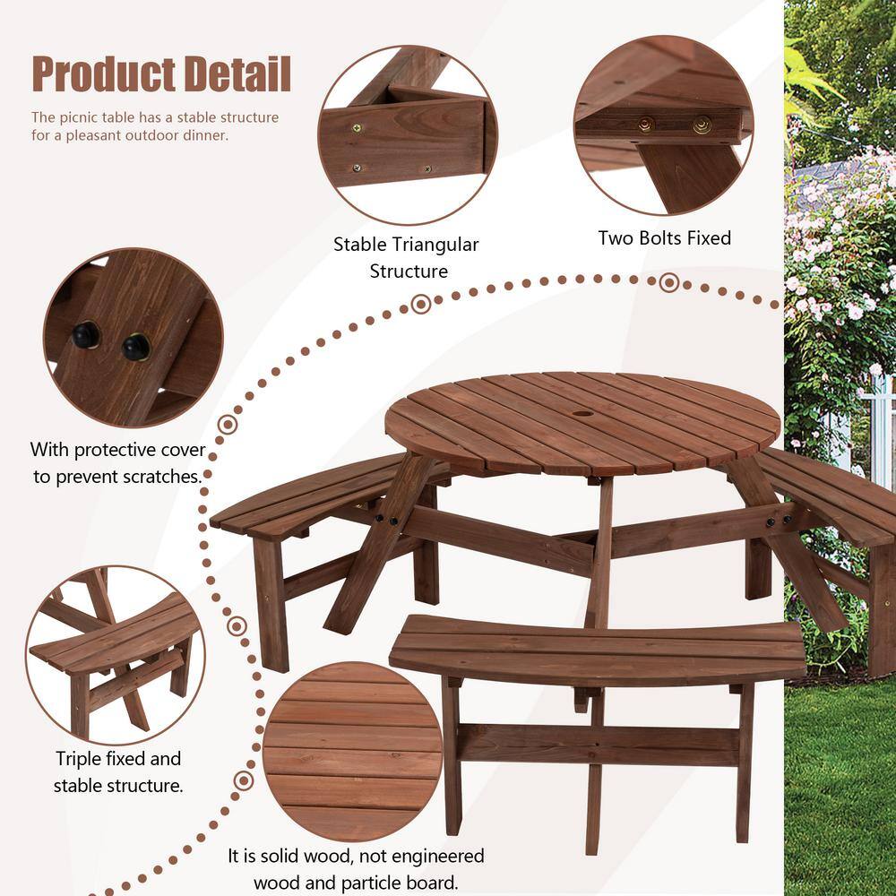 Cesicia 66.92 in. W 6-Person Brown Circular Solid Wood Outdoor Wooden Picnic Table w3 Built-In Benches for Backyard Garden ktkhxywydyq105