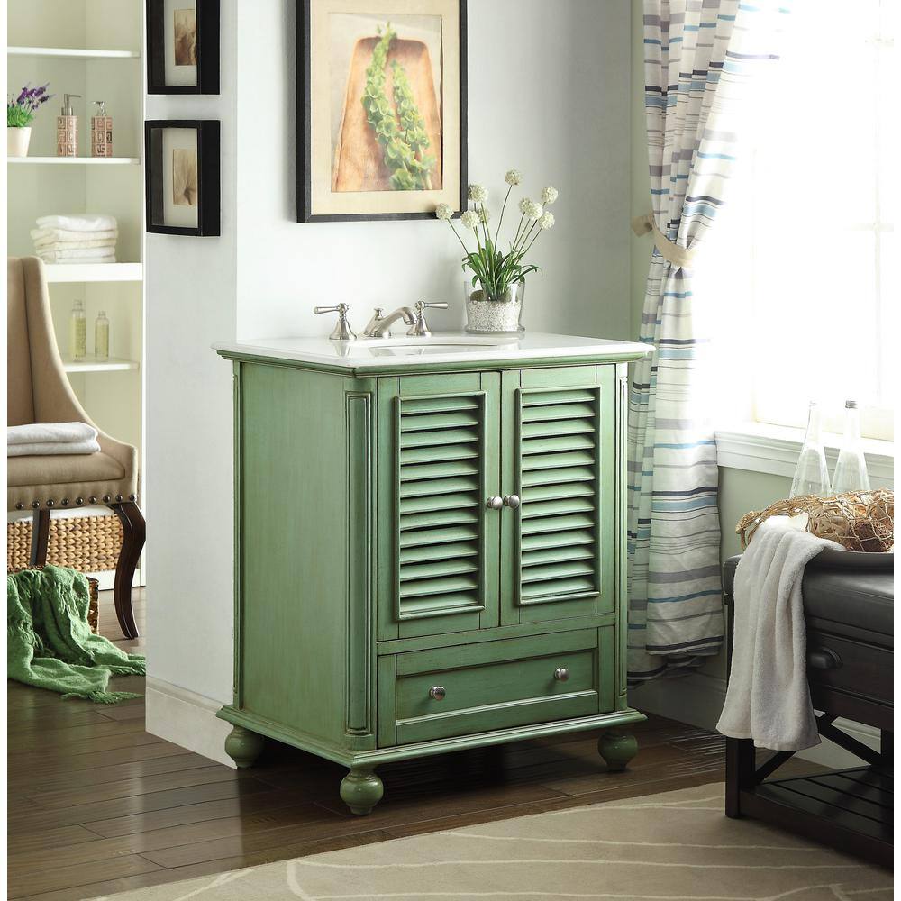 Benton Collection Keysville 30 in. W x 22 in D. x 36 in. H White marble Top in Green with White Under mount porcelain Sink Vanity GD-1087GN-BS