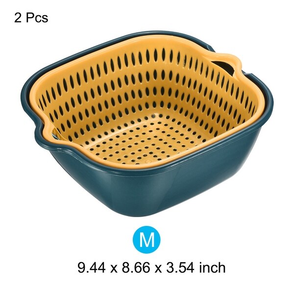 2pcs Drain Basket Double-Layer Vegetable Washing Basket Fruit Bowl - Blue Yellow - 24 x 22 x 9 cm