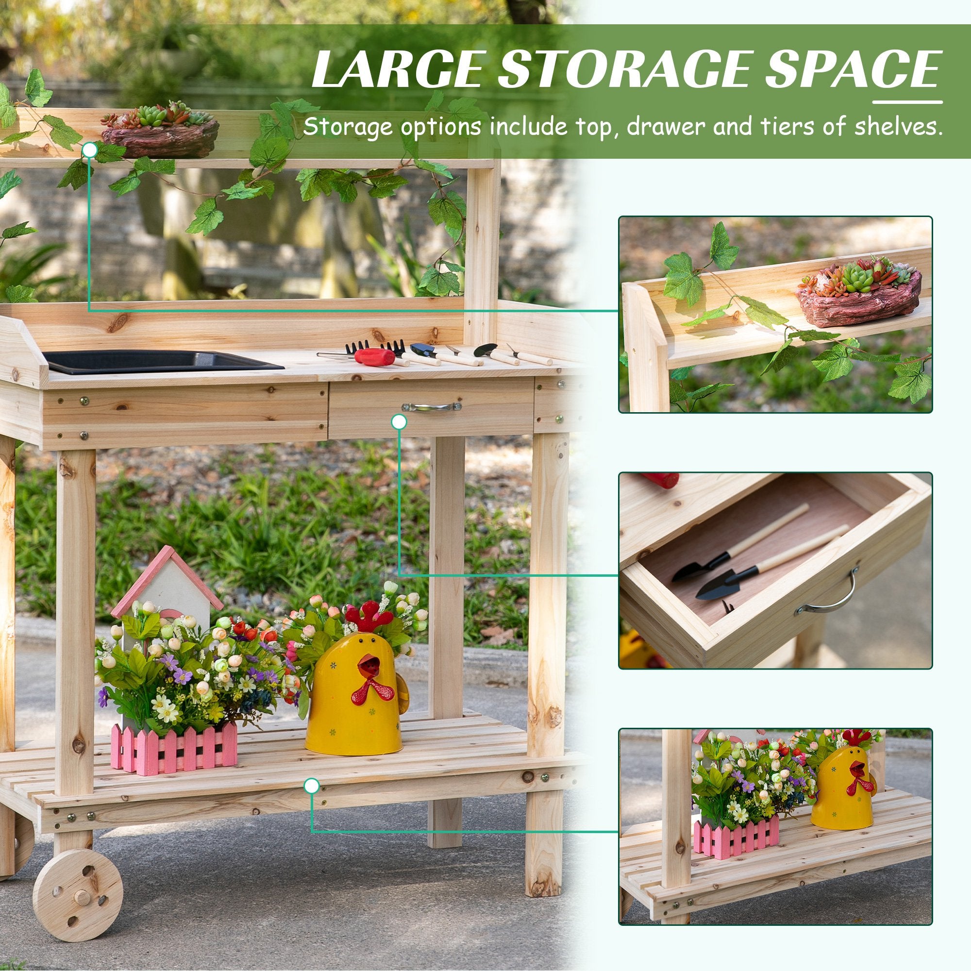 36'' Gardening Workbench with 2 Removable Wheels, Sink, Drawer & Large Storage Spaces, Wooden Potting Bench Work Table Natural