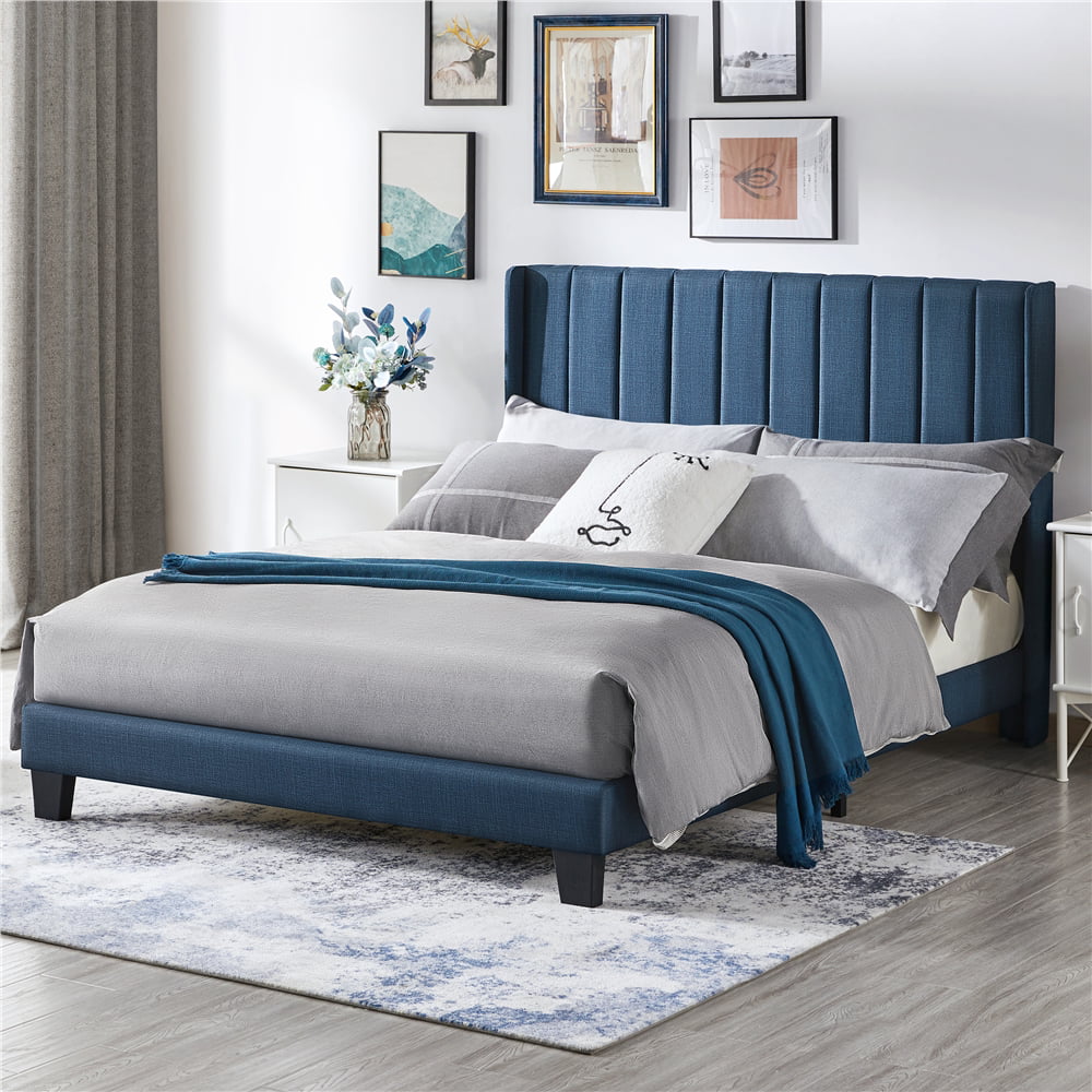 Yaheetech Upholstered Wingback Platform Bed with Support and Mattress Foundation, Full Size, Navy Blue