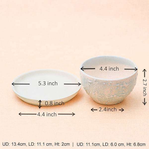 4.4 inch (11 cm) CP014 Embossed Bowl Round Ceramic Pot with Plate (Aqua Blue)