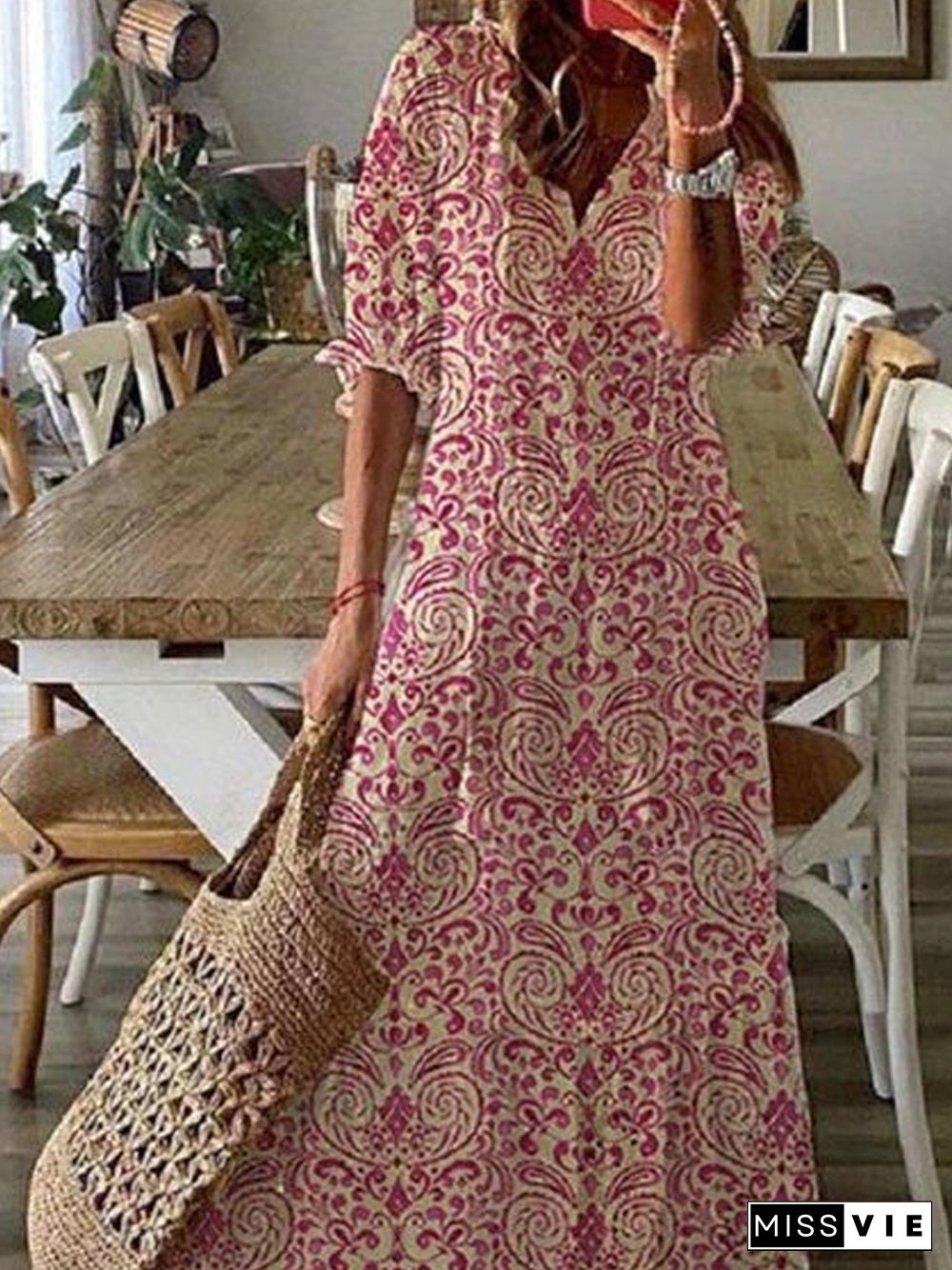 V Neck Loosen Tribal Floral Boho Dresses